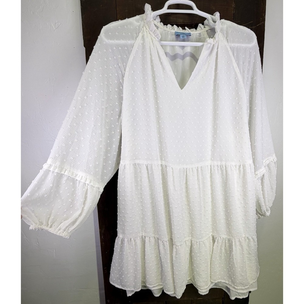 CECE Clip Dot Ruffle Shift Mini Dress Size 3X White Tiered Flowy Bridal Bohemian